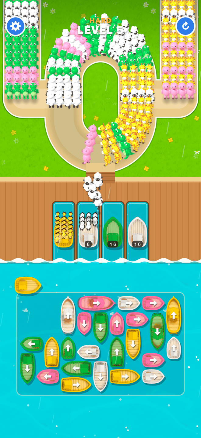 Ark Flood Fever in play: a crowd of coloured animals winds down a hill to the pier, where boats of matching colours wait, above a harbor packed with boats pointing every way.
