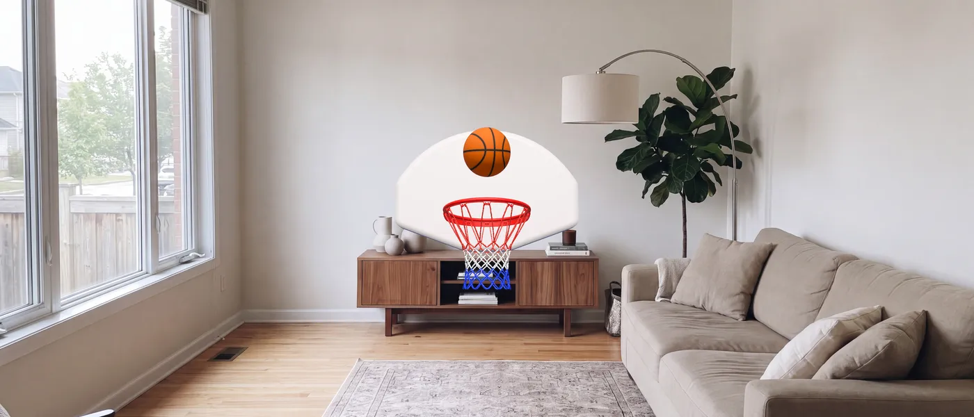 The McHoops hoop in a living room, with a basketball dropping toward it.