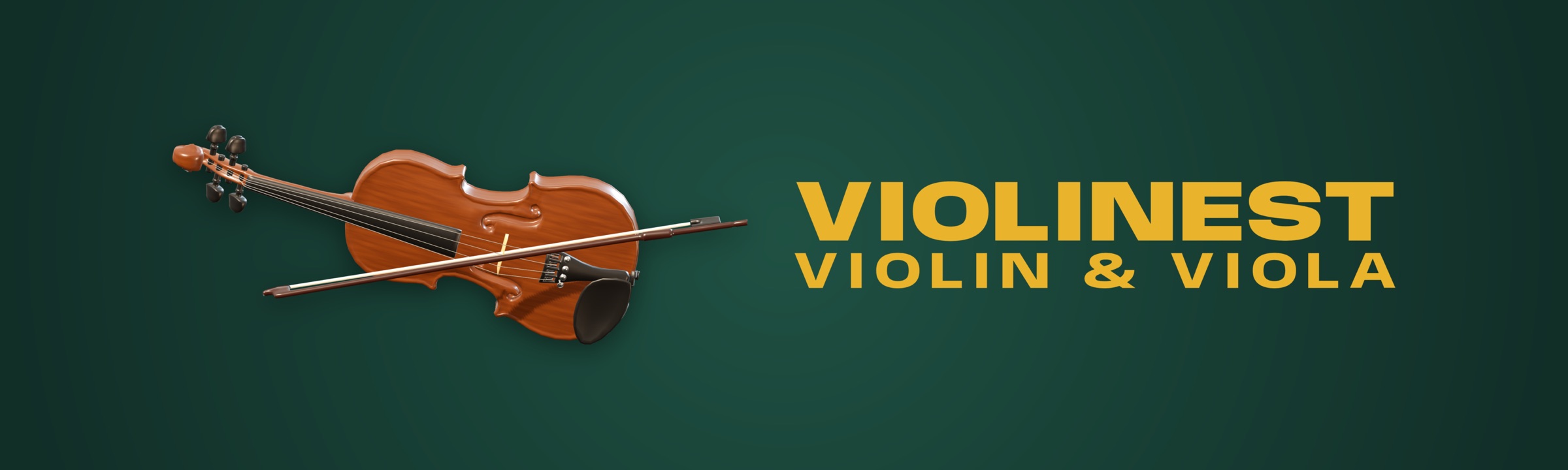 A violin and bow under the word Violinest, on forest green